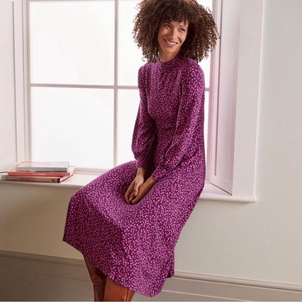 Boden Carly long sleeve Jersey Midi Dress Pink Flambe Trellis Vine 6